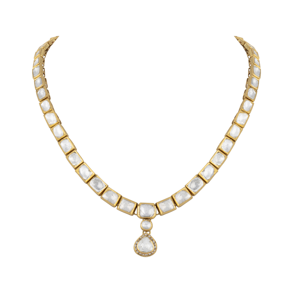 Square Polki Linear Necklace with Drop Pendant